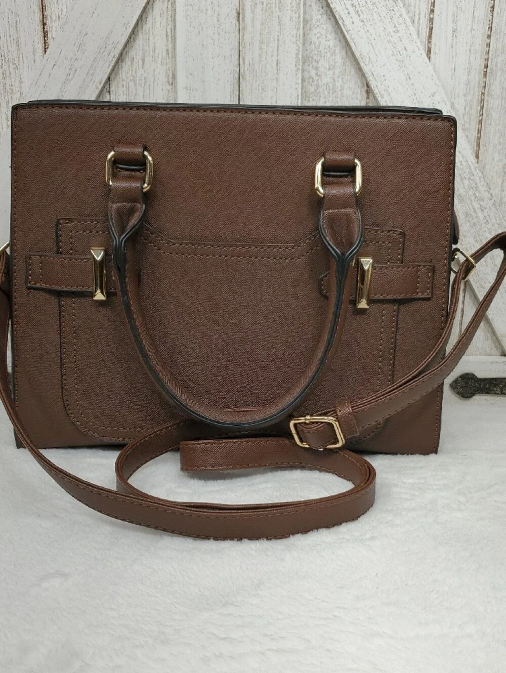 Brown Satchel Handbag with Double Top Handles & Adjustable Crossbody Strap NWOT